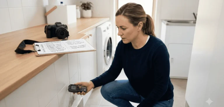 A homeowner uses a moisture meter to detect hidden moisture behind a laundry cabinet, which is a key variable in determining mould remediation cost.