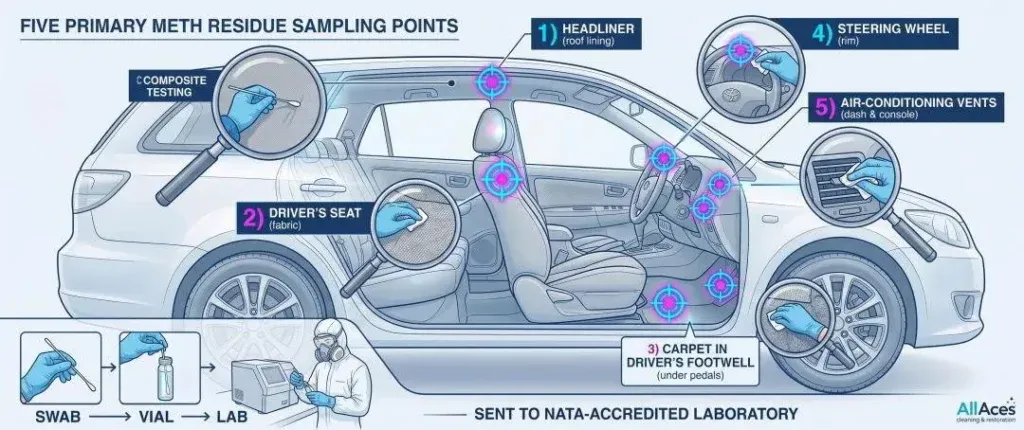 Clear lines and pointers label FIVE PRIMARY METH RESIDUE SAMPLING POINTS. Large numbered glowing target icons and smaller text boxes indicate the exact locations for composite testing