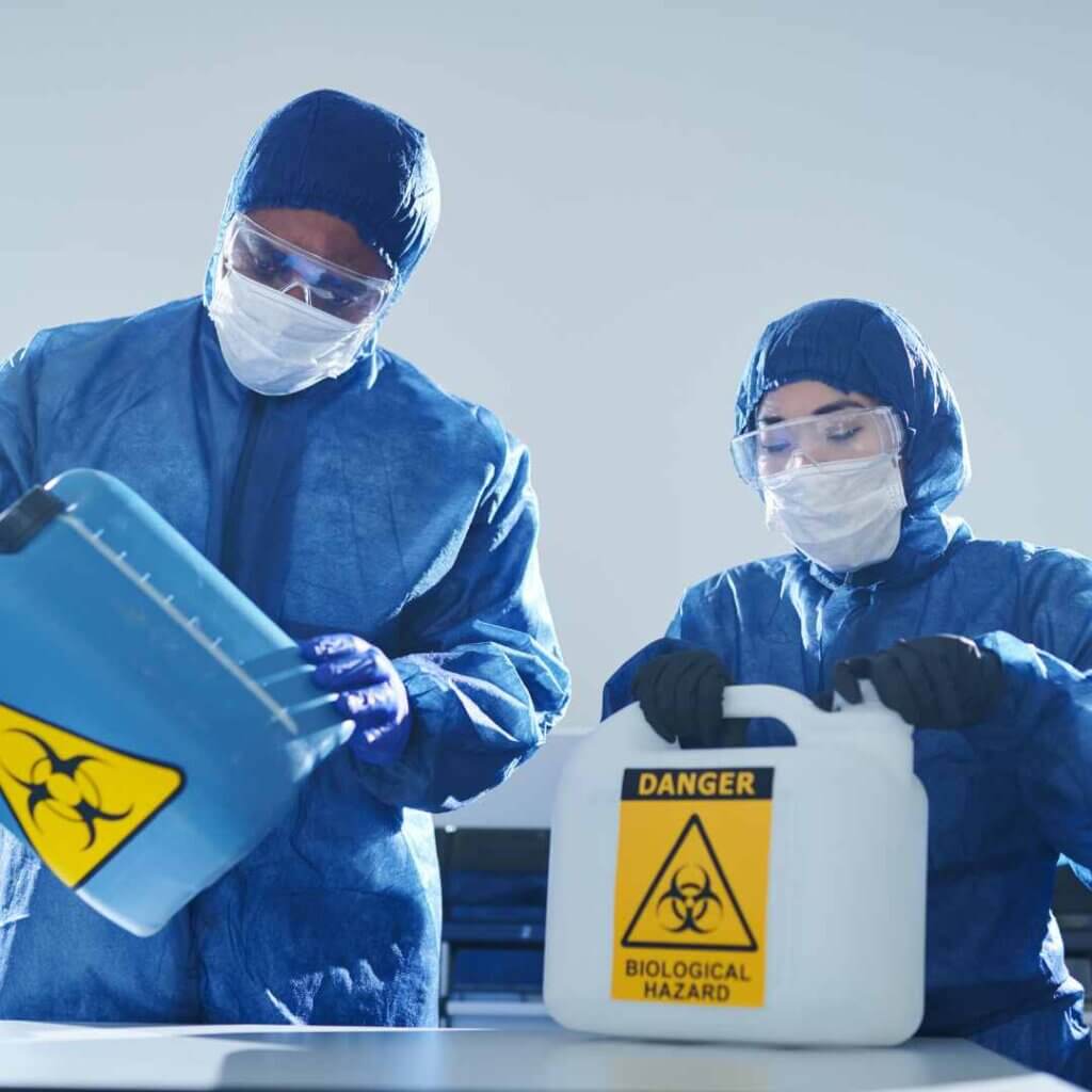 trauma cleaners working on biohazard materials for cleanup