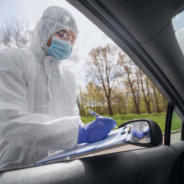 Professional forensic cleaners performing inspection