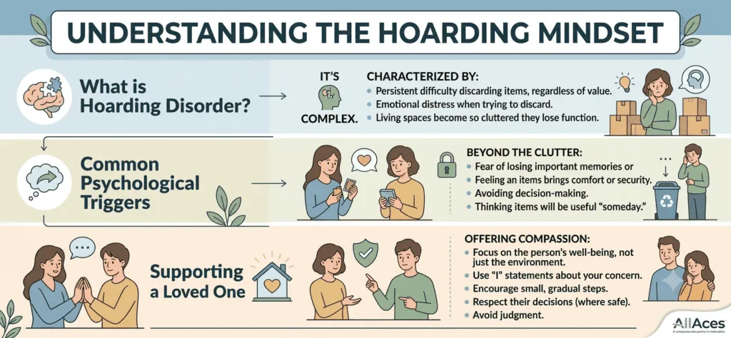 Infographic guide titled Understanding the Hoarding Mindset, explaining hoarding disorder, psychological triggers, and how to support a loved one.