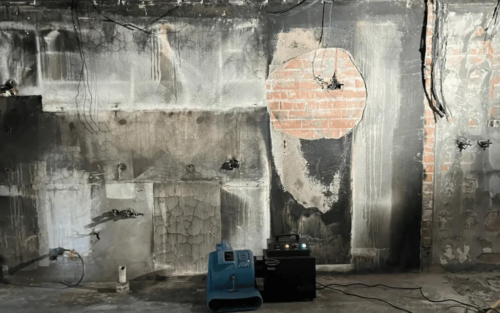 Before Removing soot-covered bricks affected by smoke residue and fire damage with the help of AllAces Smoke and Fire Damage Restoration Services