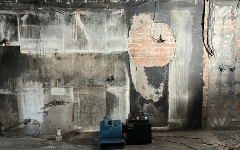 Before Removing soot-covered bricks affected by smoke residue and fire damage with the help of AllAces Smoke and Fire Damage Restoration Services