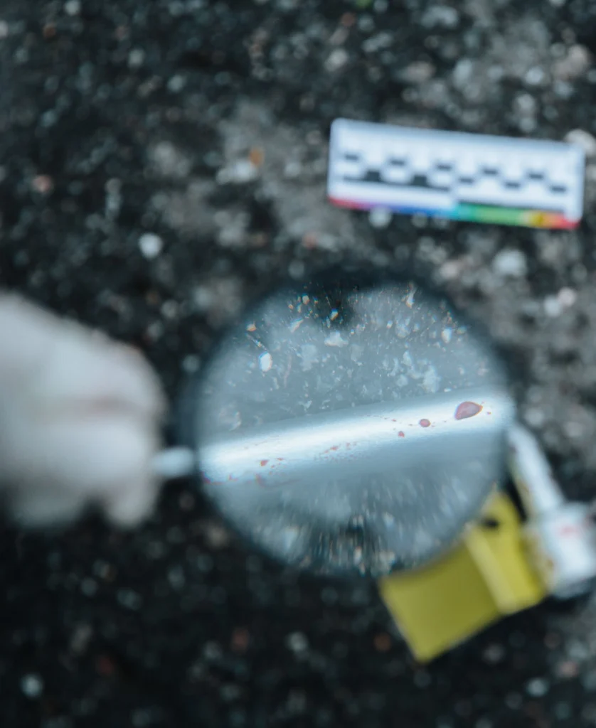 Magnifying glass inspecting blood droplets for forensic cleaning purposes, with an evidence ruler in view.