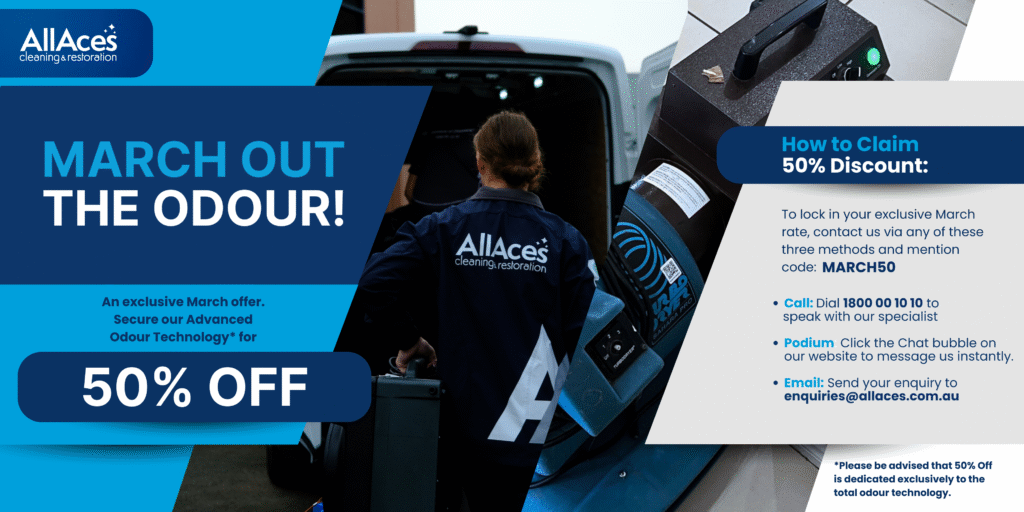 Odour Removal Services promotion for March 2026 only. 50% off is dedicated exclusively to the odour technology.