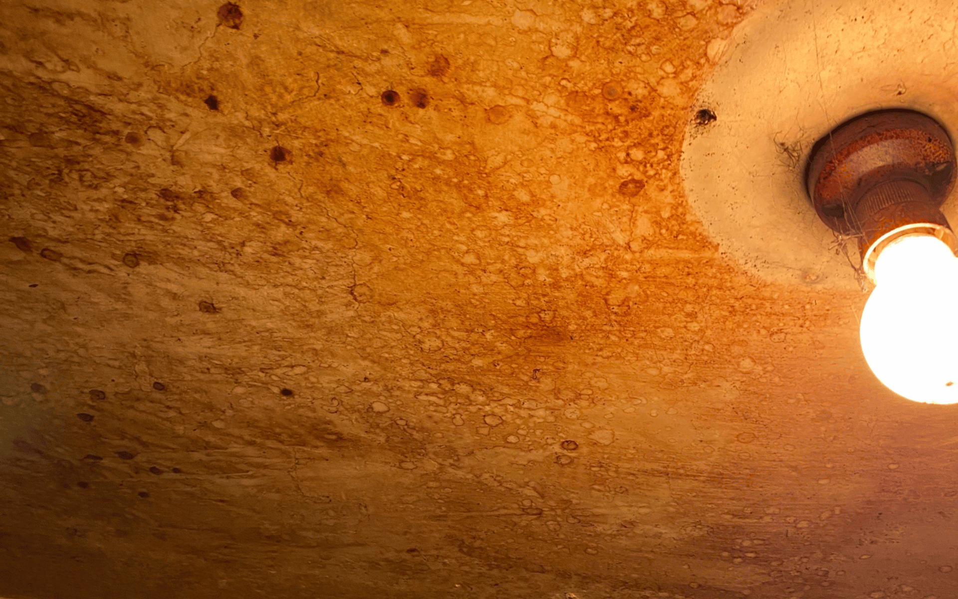 Severe smoke and nicotine staining on a ceiling before professional odour removal by AllAces.