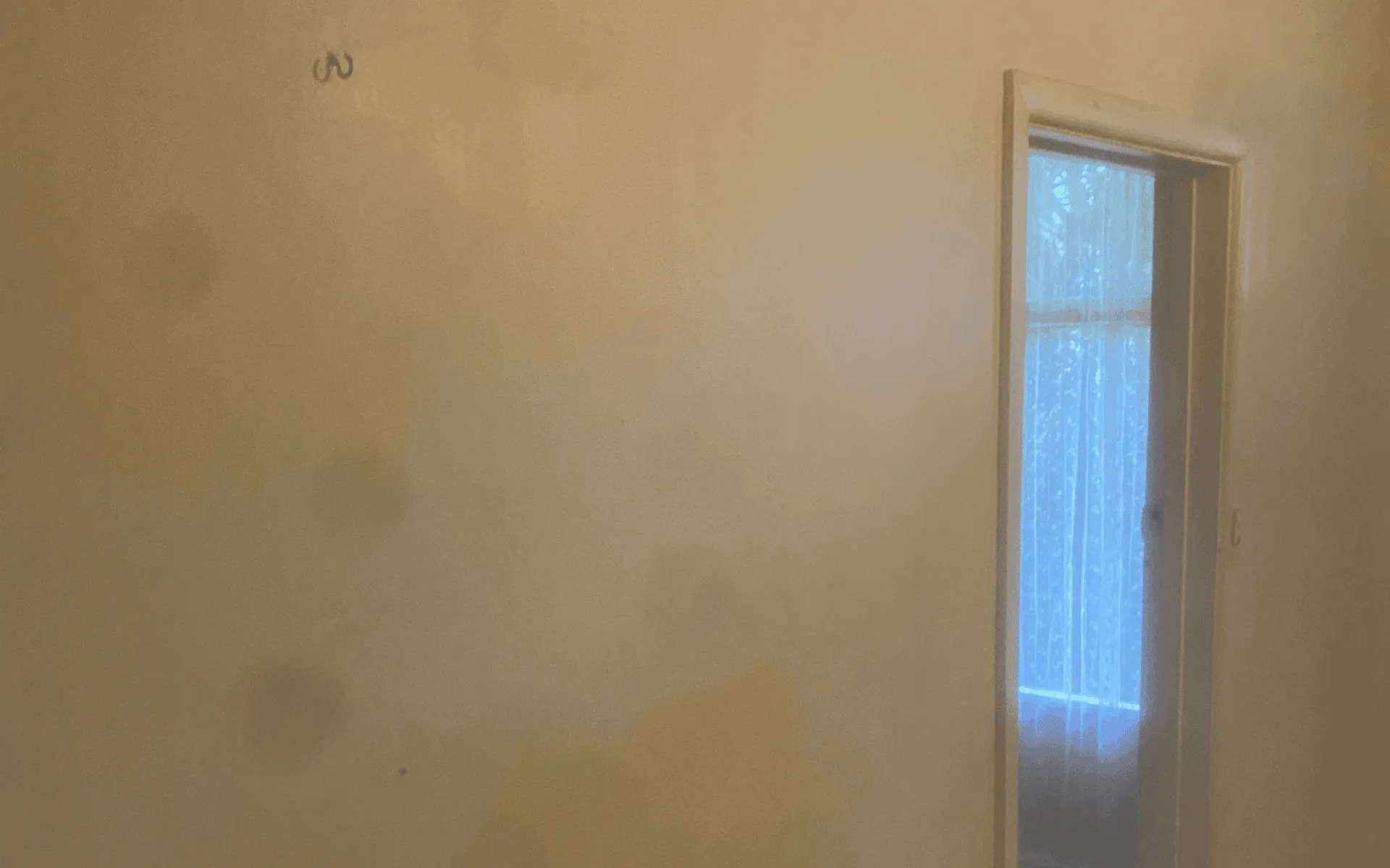 Before professional odour removal: A dimly lit indoor room featuring stained, discoloured beige walls with prominent dark spots and a nearby doorway.
