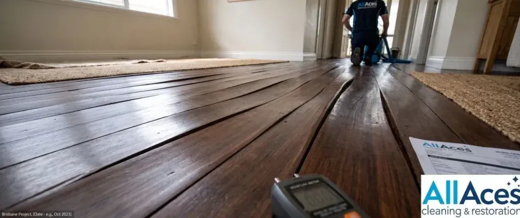 Cupped hardwood floor boards after water damage, Brisbane home.