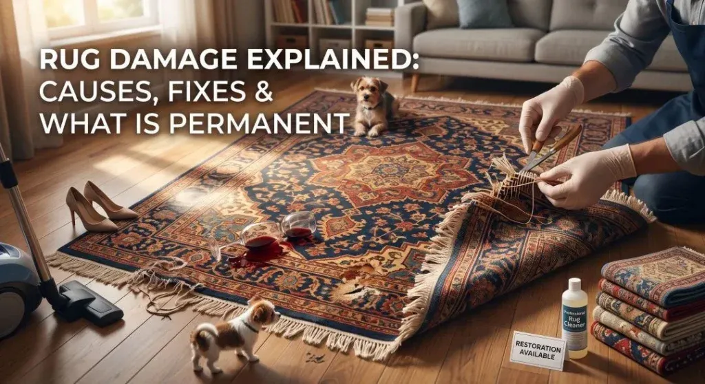 Header image for the AllAces guide to rug damage causes and fixes.