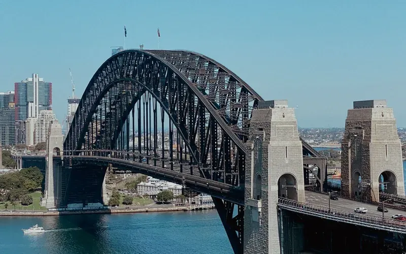 Sydney Harbour Bridge and harbour viewed from above, an AllAces service area
