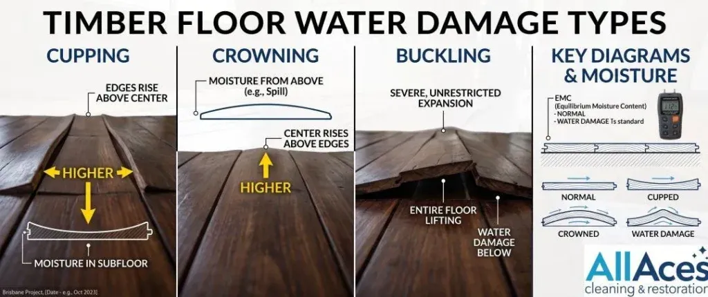 annotated photo comparing cupping vs. crowning vs. buckling side by side.