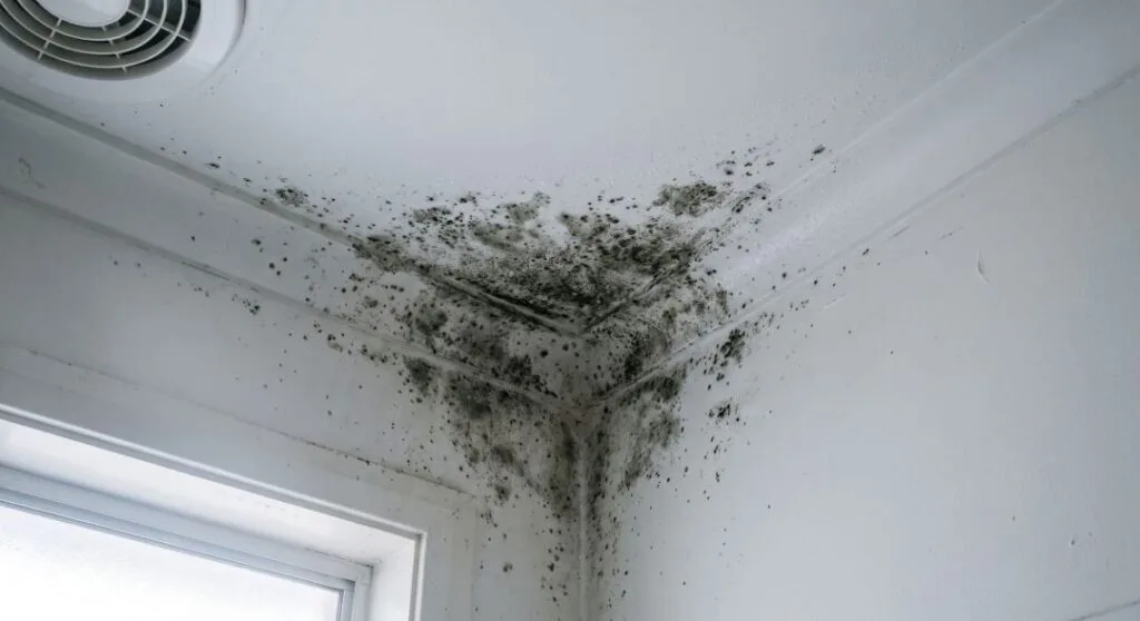 How to Clean Mould from Porous Surfaces, and When Not To Bother 1 Mould and condensation damage on a bathroom ceiling.