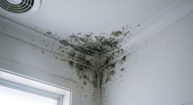 Mould on porous surfaces: condensation mould on a painted bathroom ceiling