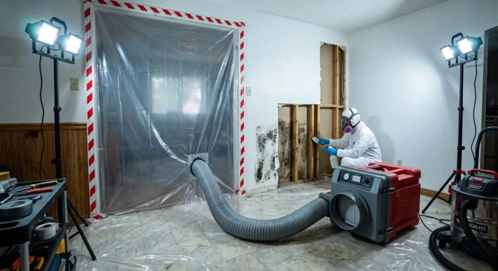How to Clean Mould from Porous Surfaces, and When Not To Bother 5 Containment barrier set up during a professional mould remediation job.