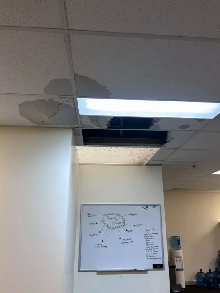 Ceiling leak repair and water damage restoration Melbourne showing stained, collapsed plasterboard ceiling tiles in a commercial building.