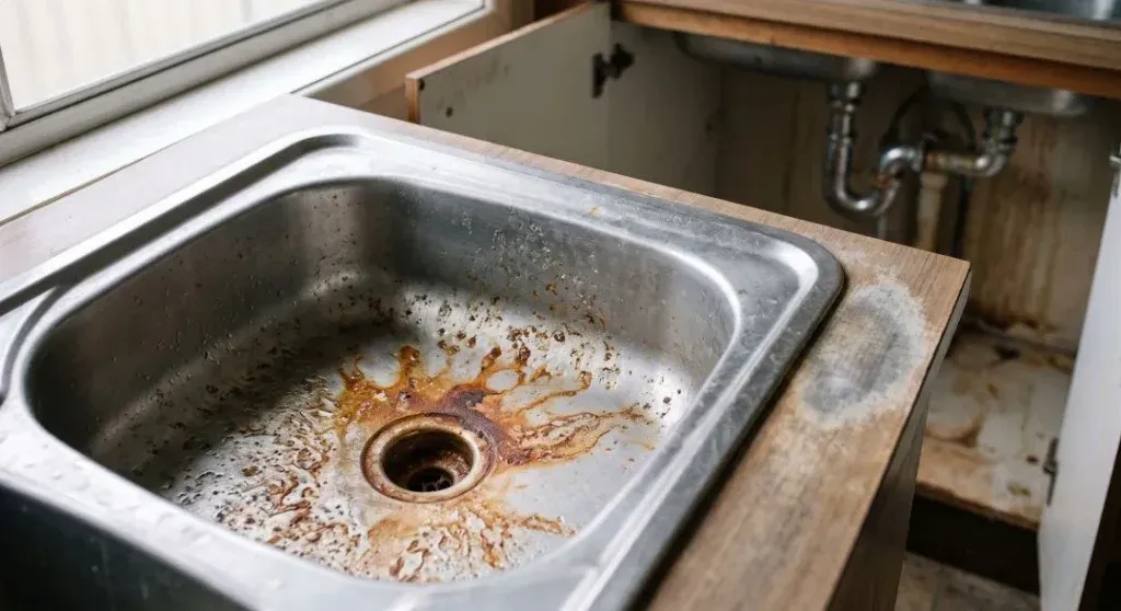 Rust-coloured chemical staining and corrosion around a stainless steel sink drain in a suspected former meth lab