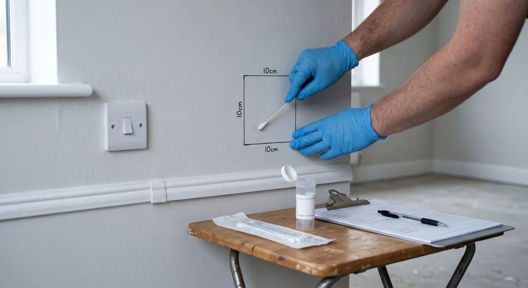 Technician taking a surface swab sample for meth residue testing in an Australian property