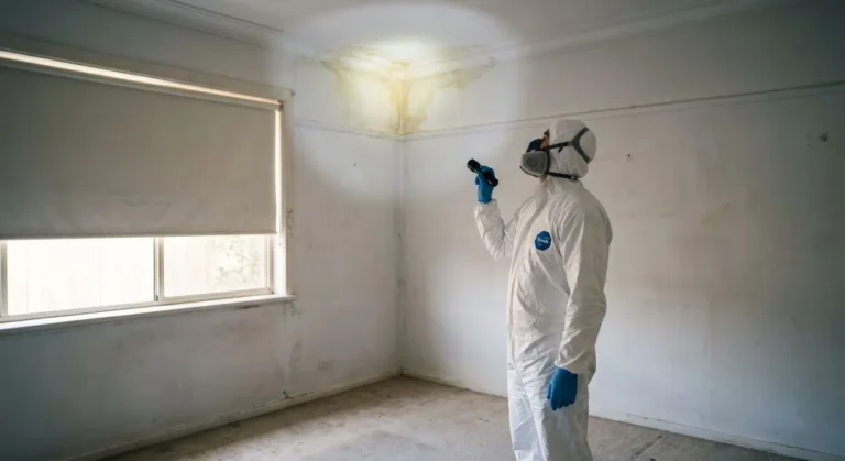 Environmental hygienist inspecting yellow-brown staining on a ceiling for signs of a former meth lab
