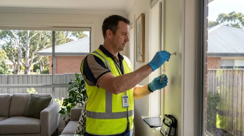 property inspector wearing blue nitrile gloves taking a careful swab sample from the painted wall of a modern suburban living room.